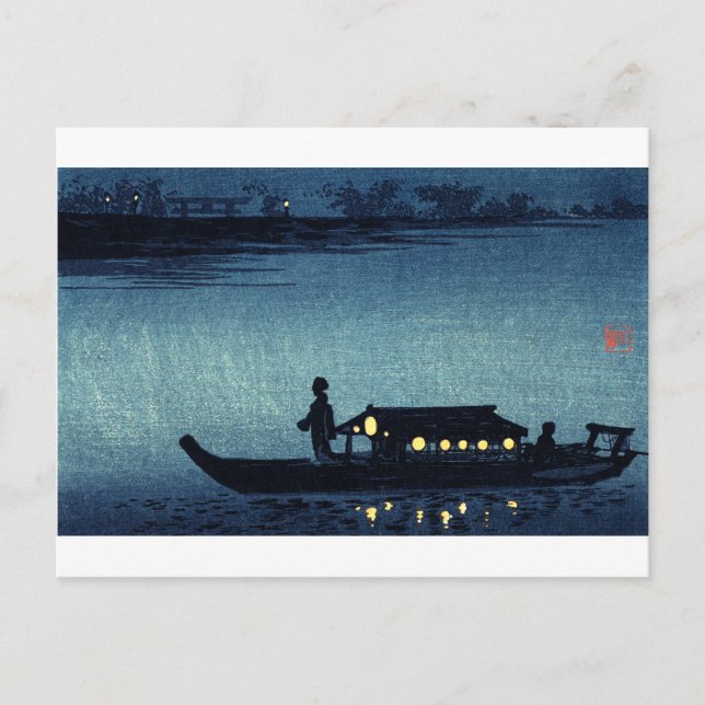 Moonlit Japanese Riverboat Postcard (Front)