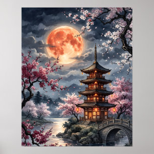 Moonlit Japanese Sakura Poster