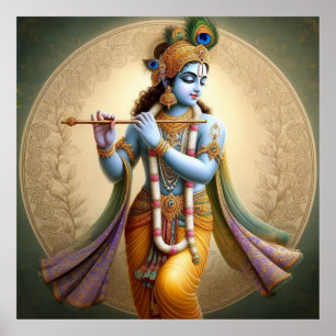 Moonlit Krishna Art: Flute Deity, Spiritual Indian Poster