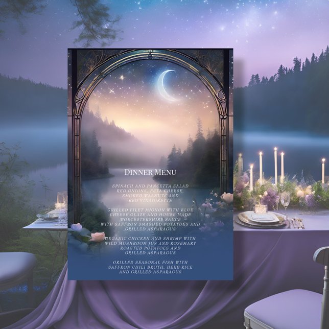 Moonlit Lake Forest Fantasy Elegant Wedding Menu Invitation (Creator Uploaded)