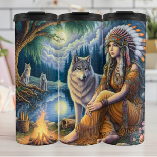 Moonlit Lakeside Vigil, Wolf Companion. Thermal Tumbler