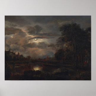 Moonlit Landscape with Bridge Poster
