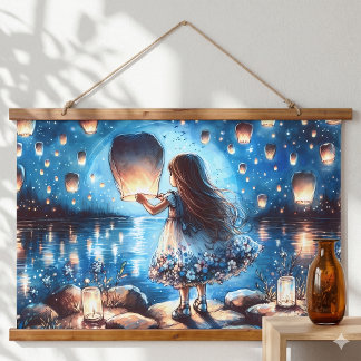 Moonlit Lantern Lake Girl Hanging Tapestry