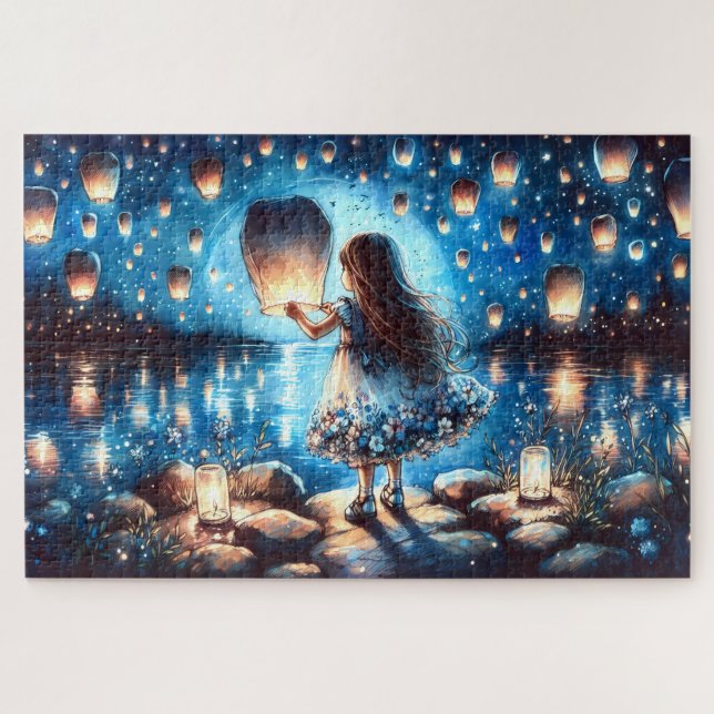 Moonlit Lantern Lake Girl Jigsaw Puzzle (Horizontal)
