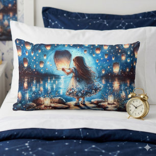 Moonlit Lantern Lake Girl Lumbar Cushion