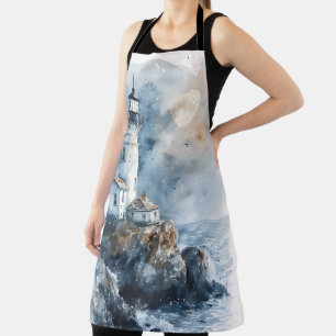 Moonlit Lighthouse on Rocky Coastline Apron