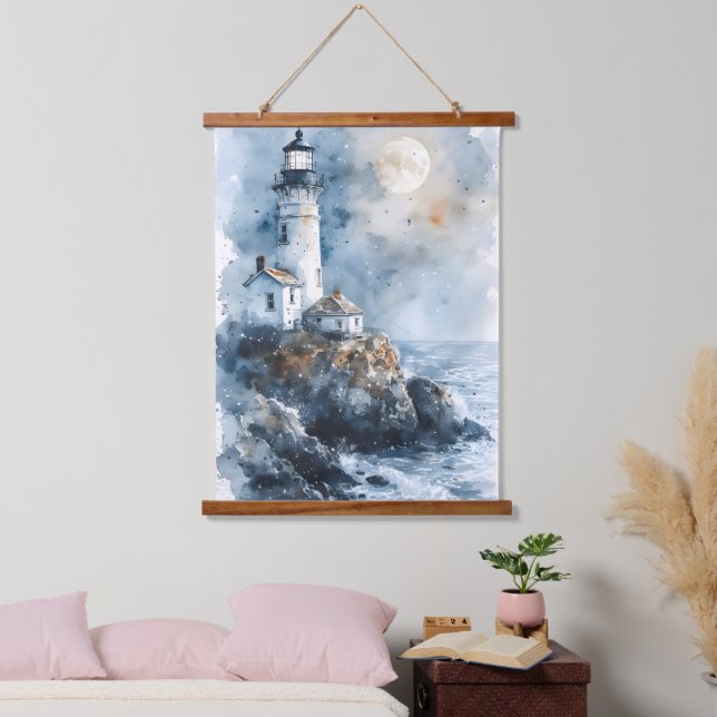 Moonlit Lighthouse on Rocky Coastline Hanging Tapestry (Bedroom)