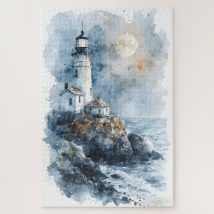 Moonlit Lighthouse on Rocky Coastline Jigsaw Puzzle