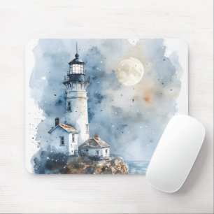 Moonlit Lighthouse on Rocky Coastline Mouse Pad