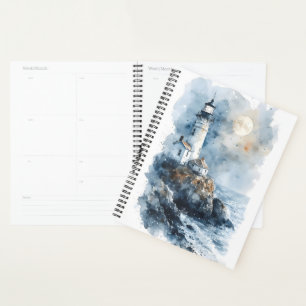 Moonlit Lighthouse on Rocky Coastline Planner