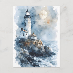 Moonlit Lighthouse on Rocky Coastline Postcard