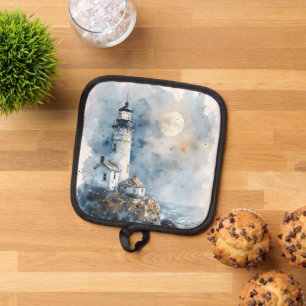 Moonlit Lighthouse on Rocky Coastline Pot Holder