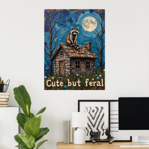 Moonlit Lookout: Racoon on the Cabin Roof Poster