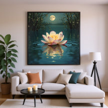 Moonlit Lotus Flower on Water - Tranquil Night