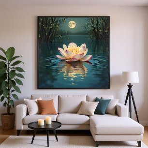 Moonlit Lotus Flower on Water - Tranquil Night  Poster