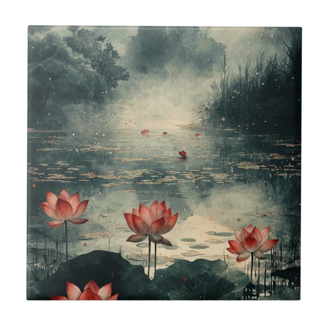 Moonlit Lotus Lake (2) Ceramic Tile (Front)
