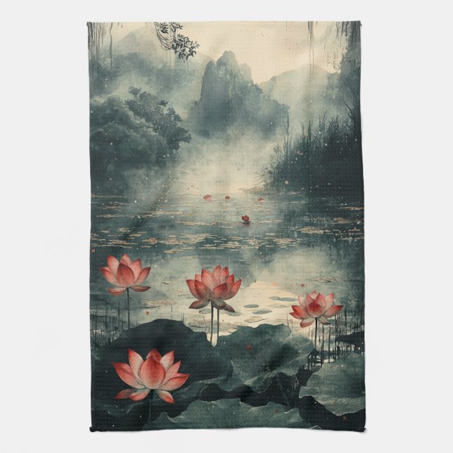 Moonlit Lotus Lake (2) Tea Towel (Vertical)