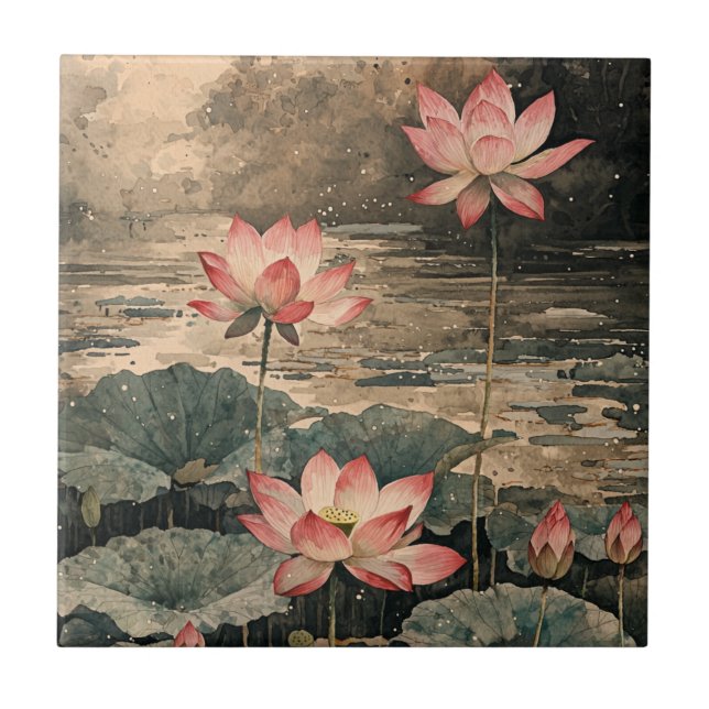 Moonlit Lotus Lake (3) Ceramic Tile (Front)