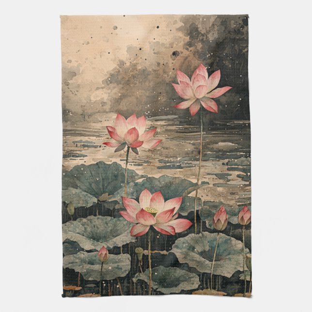 Moonlit Lotus Lake (3) Tea Towel (Vertical)