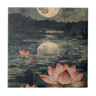 Moonlit Lotus Lake (4) Ceramic Tile