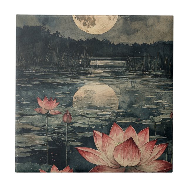 Moonlit Lotus Lake (4) Ceramic Tile (Front)