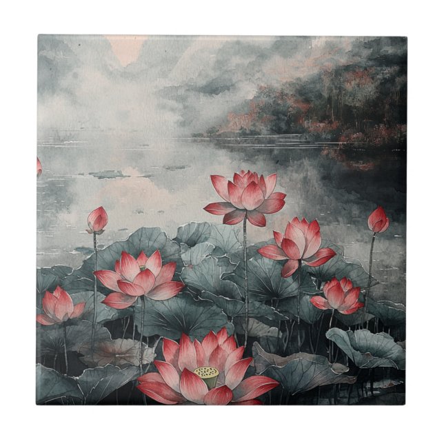 Moonlit Lotus Lake (5) Ceramic Tile (Front)
