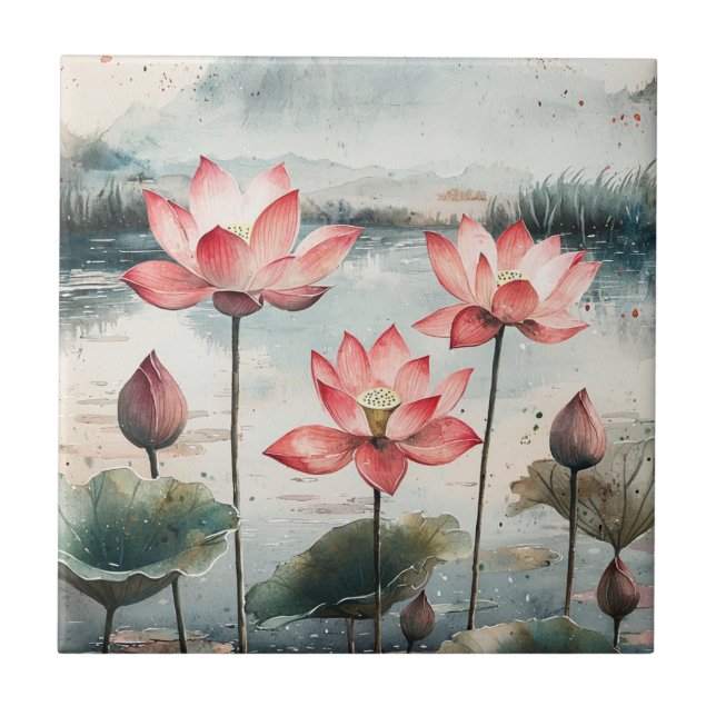 Moonlit Lotus Lake (7) Ceramic Tile (Front)