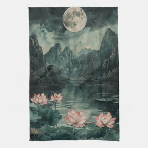 Moonlit Lotus Lake (8) Tea Towel