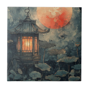 Moonlit Lotus Lantern Watercolor Ceramic Tile