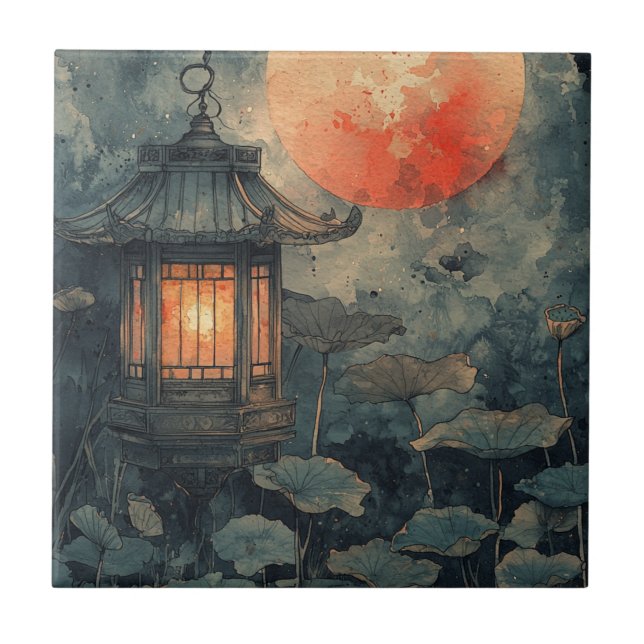 Moonlit Lotus Lantern Watercolor Ceramic Tile (Front)