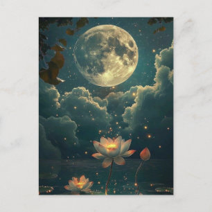 Moonlit Lotus Pond Fantasy Postcard Glowing Full