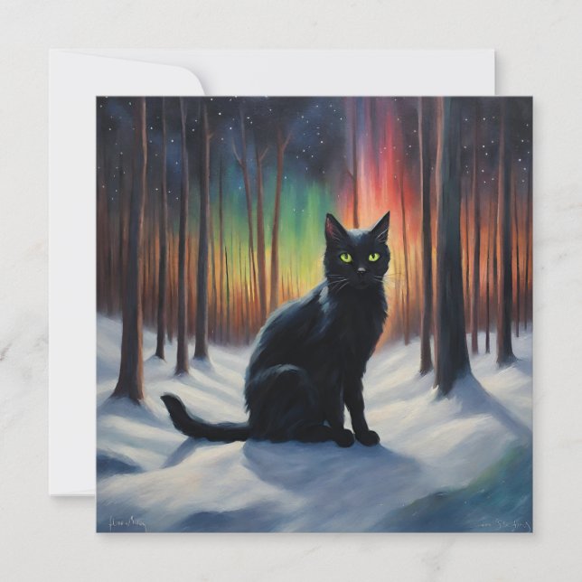 Moonlit Magic: A Black Cat in the Snowy Forest Holiday Card (Front)