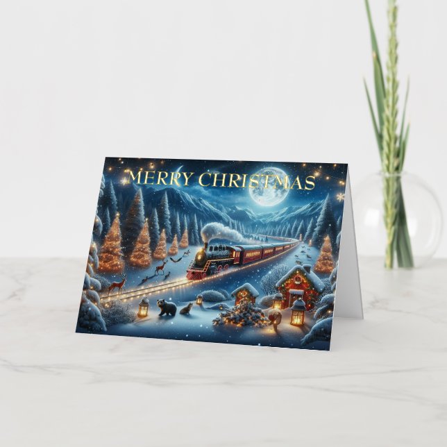 Moonlit Magical Snowy Winter Holiday Train Scene (Front)