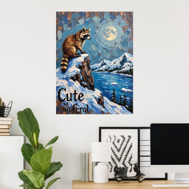 Moonlit Majesty: Racoon Over Snowy Lake Poster (Home Office)