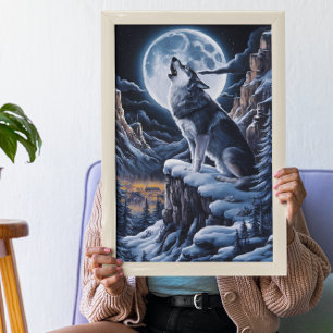 Moonlit Majesty: Wolf Atop Mountain Poster