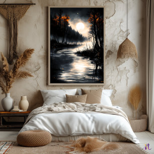 Moonlit Marshland – Monochrome Nocturnal Serenity Poster