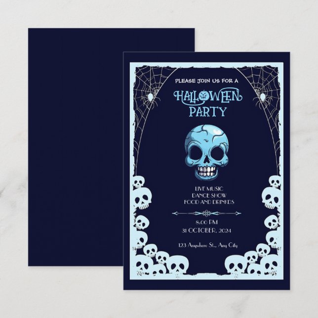 Moonlit Mayhem: A Blue And Black Halloween Invitation (Front/Back)