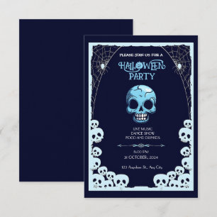 Moonlit Mayhem: A Blue And Black Halloween Invitation