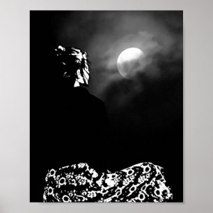 Moonlit Meditation: Black and White Illustration Poster