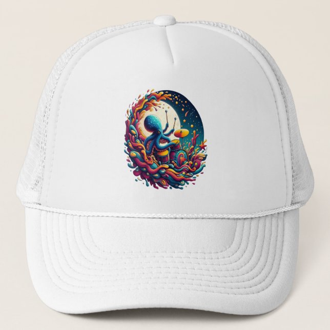 Moonlit Melodies Octopus Drummer Trucker Hat (Front)