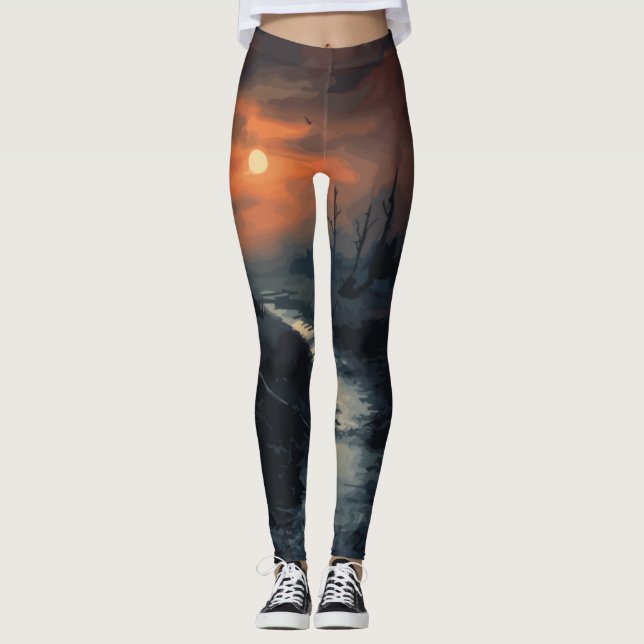 Moonlit Menace: The Haunted Black Forest at Dusk Leggings (Front)