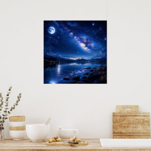 Moonlit Milky Way Reflection — Night Sky Lake Land Poster
