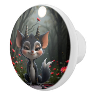 Moonlit Mischief Forest Spirit of Crimson Bloom. Ceramic Knob