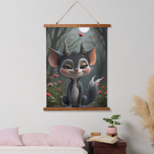 Moonlit Mischief Forest Spirit of Crimson Bloom.  Hanging Tapestry