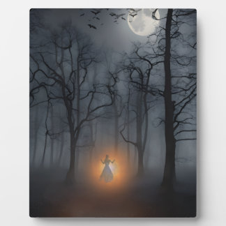Moonlit Misty Forest & Glowing Figure Wood Plaque