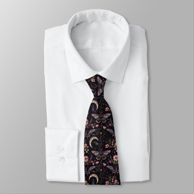 Moonlit Moths & Flowers Pattern Tie (Tied)