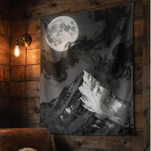 Moonlit Mountain Tapestry Dark Ink Clouds
