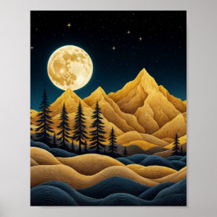 Moonlit Mountains and Pine Forest Poster