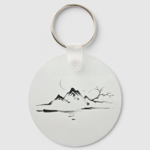 "Moonlit Mountains: Sumi-e Landscape" Key Ring