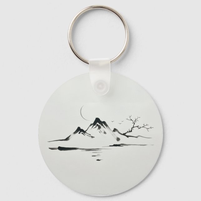 "Moonlit Mountains: Sumi-e Landscape" Key Ring (Front)